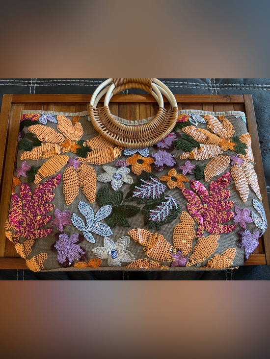 Handbags - Sequined Embroidered Floral Tote Round Bamboo Handle Summer Boho Blue Orange
